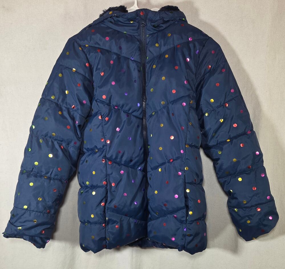 Swiss Tech Girls Lg Navy Blue Metallic Rainbow Polka Dot Puffer Jacket